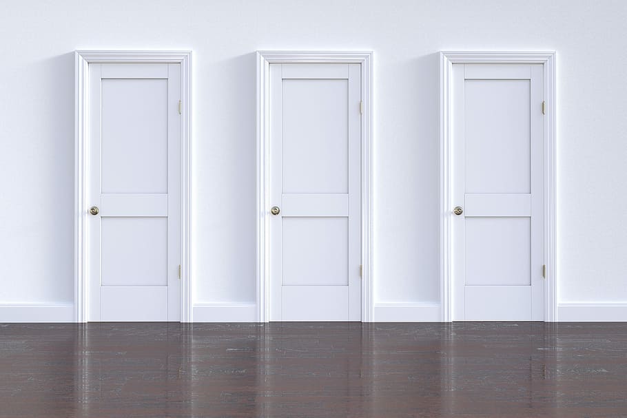 tiga, putih, kayu, panel pintu, tutup, pintu, keluarga, kosong, di dalam ruangan, keluar