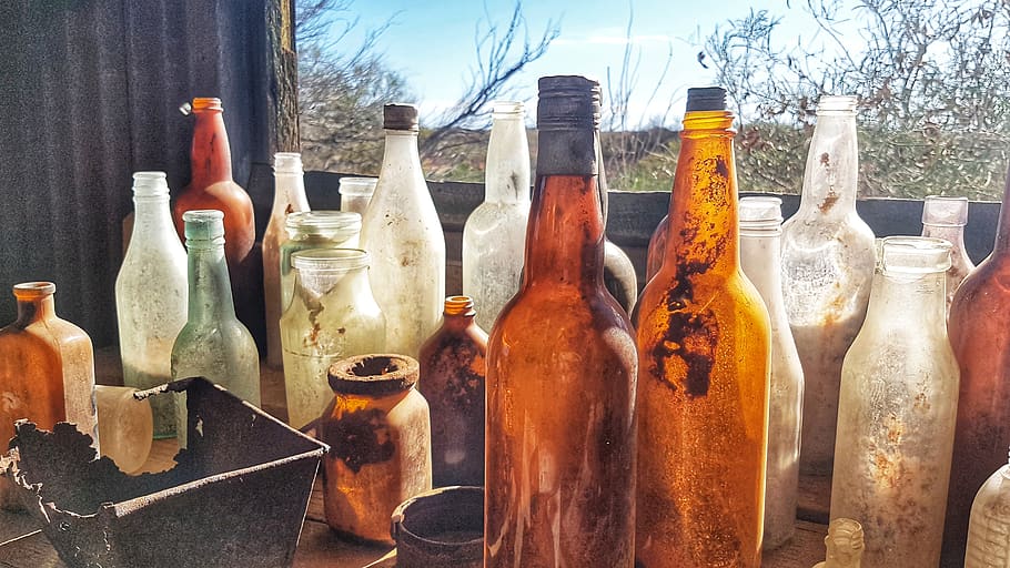 bottles, collections, artistic, glass, colored, drink, recycle, garbage, container, cork