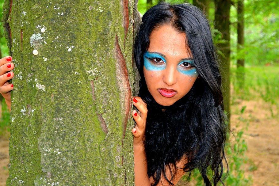 woman, blue, face paint, daytime, girl, warrior, portrait, forest, story, nice
