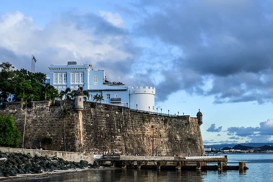 fort, ocean, water, sky, blue, puerto rico, castle, built structure, architecture, building exterior