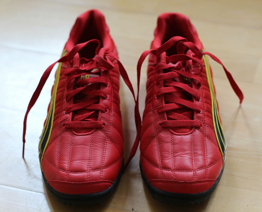 red-and-yellow, puma low-top sneakers, sports shoes, training shoes, sneaker, soccer shoes, red boots, shoe, pair, fashion