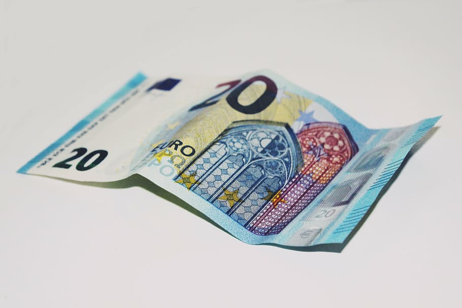 Банкнота 20 евро, белый, поверхность, деньги, евро, валюта, европа, законопроект, финансы, долларовая купюра