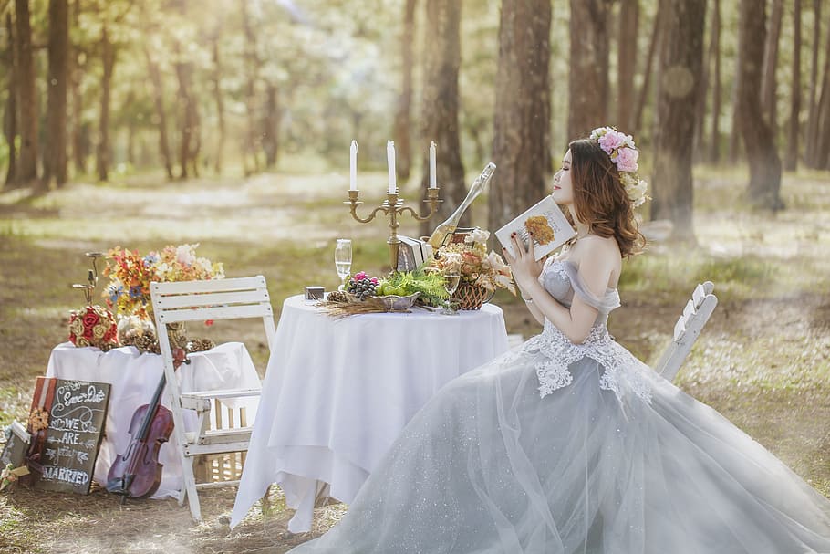 여자, 회색, 웨딩 드레스, 좌석, 의자, 결혼식, 아름다운 결혼식 그림, 혼례, 웨딩 사진, 그림
