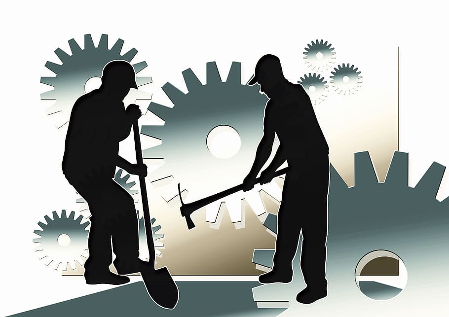 dos, hombre, excavación, ilustración de fondo de engranajes, trabajo, trabajadores, hombres, cara, silueta, manos