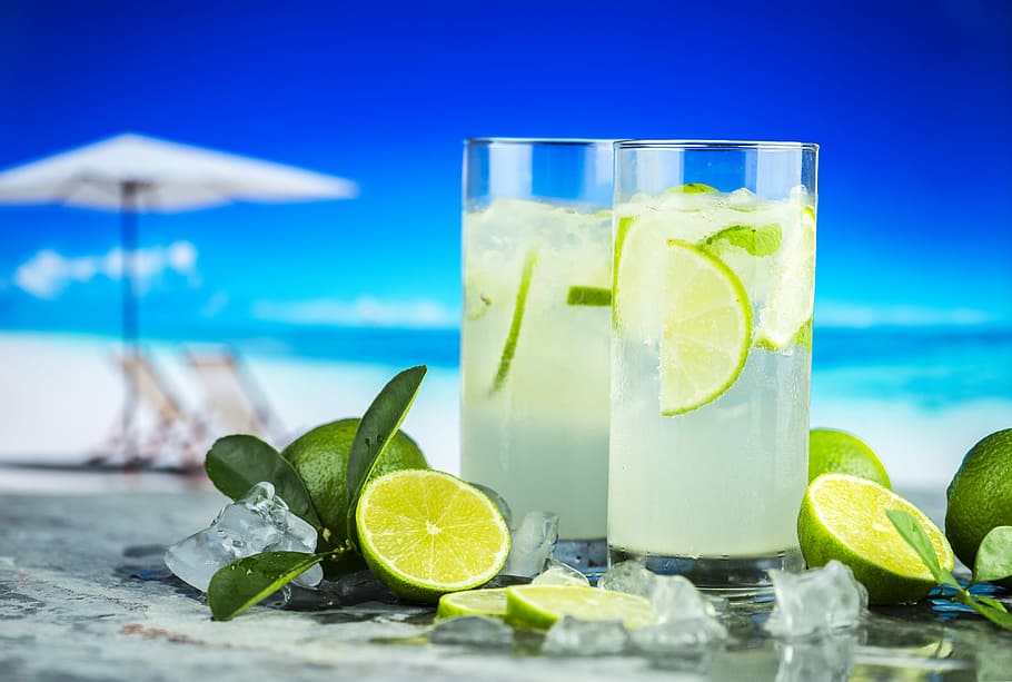 two, clear, drinking glass, liquid, lime fruits, beach, beverage, citrus, cold, detox