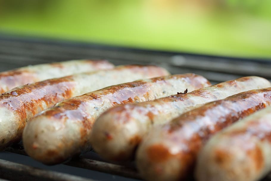 closeup, six, cooked, Grill, Sausages, Sausage, Bratwurst, grill sausages, barbecue, heat