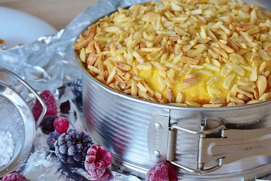 cooked, food, silver bowl, cake, cheesecake, bake, pastries, sweetness, almonds, quark