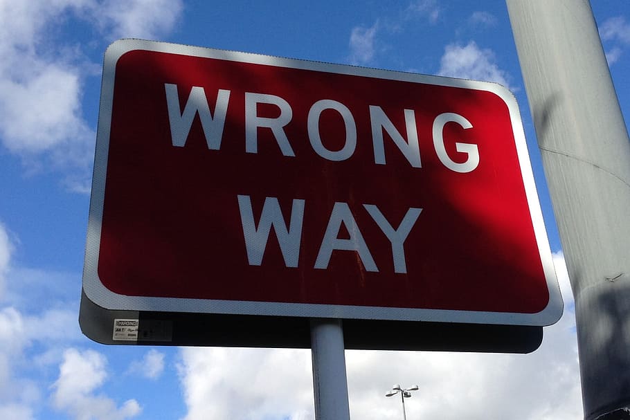 red, white, wrong, way signage, daytime, red and white, Wrong Way, signage, sign, road