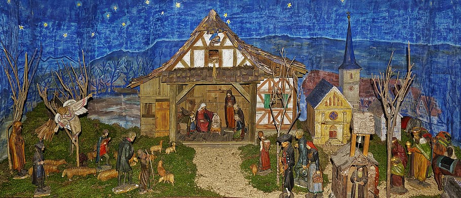 nativity scene, crib, village nativity, bauer crib, christ child, father christmas, child, christmas, joseph, maria