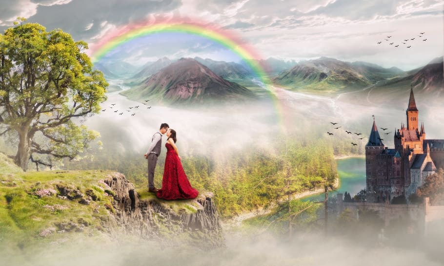month, Wedding, Marriage, Day, Fancy, Colored, rainbow, mountain, couple, tree