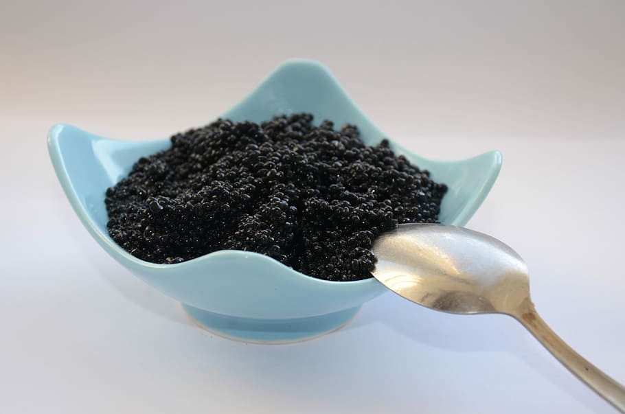 Caviar preto, Copa, Prato, caviar, copo, preto, comida, café da manhã, colher, colher de chá