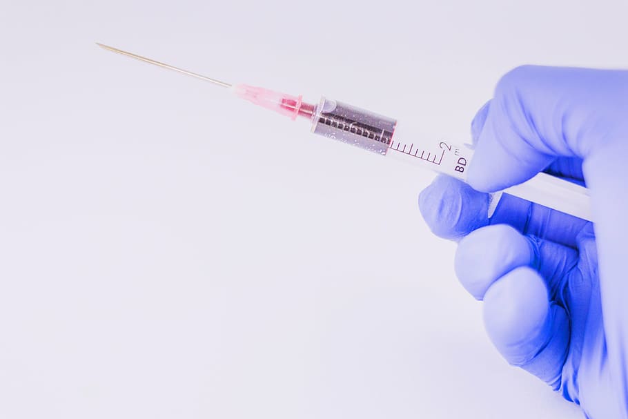 clear plastic syringe, the syringe, glove, medical, blood, research, hospital, needle, the test, laboratory