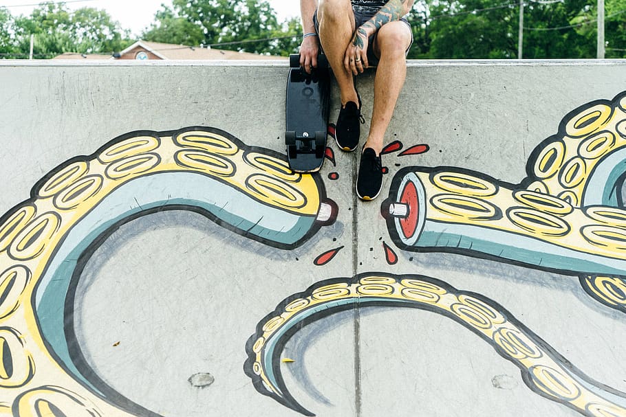wall, graffiti, painting, man, people, guy, skateboard, shoes, octopus, tattoo