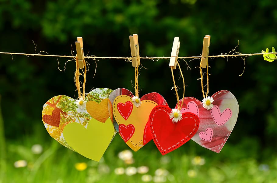berbagai macam warna hati, bunga, gantung, dekorasi, jantung, tali, ditangguhkan, cinta, bersama, simbol cinta