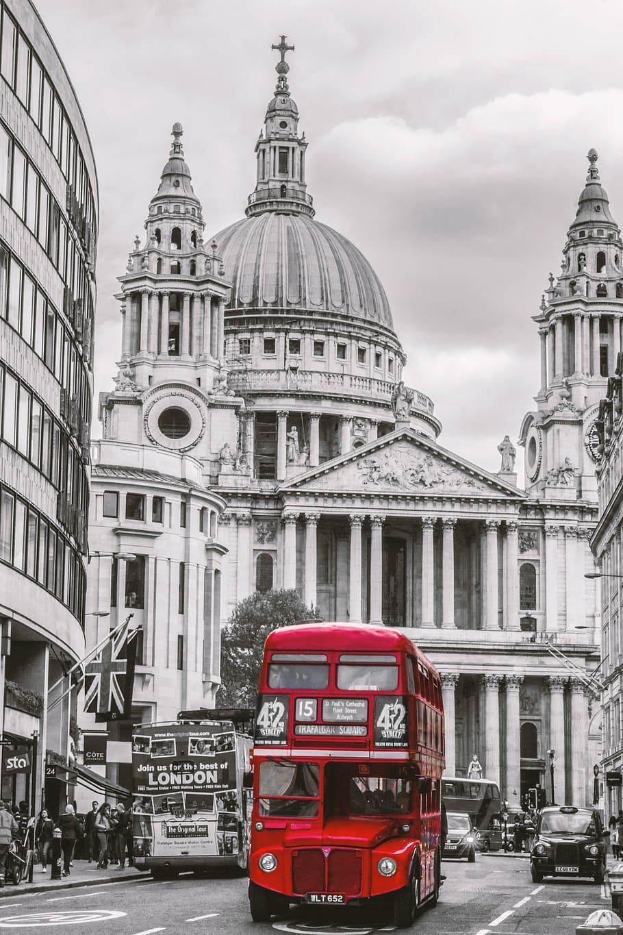 selective-color, red, double, decker bus, london, bus, st paul's, st paul's cathedral, double decker bus, traffic