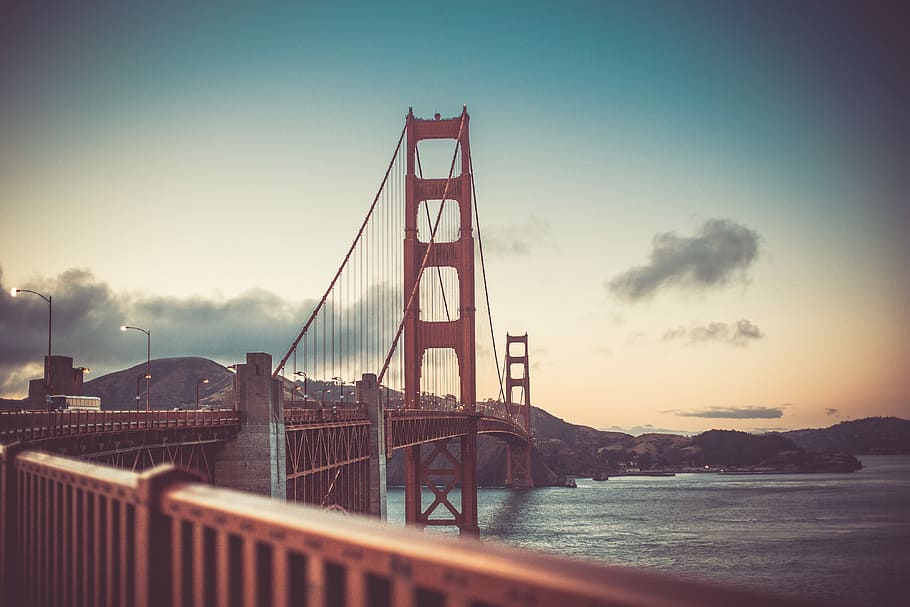 Golden Gate Bridge, San Francisco, Sunset, Vintage, colores, arquitectura, puente, California, costa, ggb