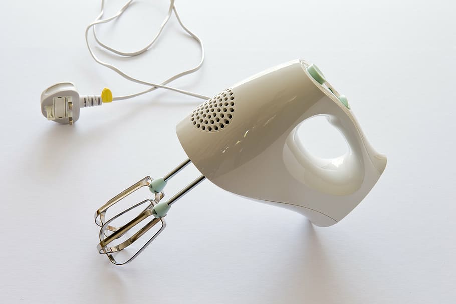 white hand mixer, food mixer, hand held, electric, whisks, kitchen, appliances, studio shot, cable, connection