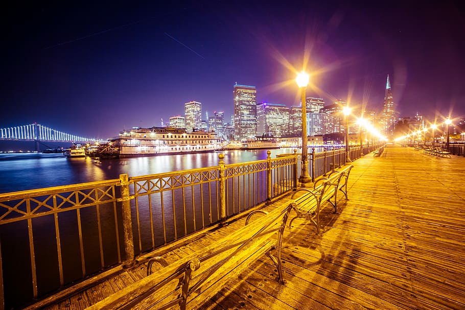 san francisco skyline, night, Old, Pier, San Francisco, Skyline, Bay Bridge, at Night, architecture, bench