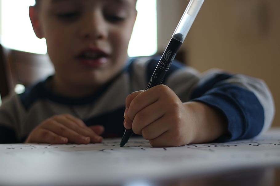 bolígrafo, niño, escribir artículos, dibujar, procesar, aprender, una persona, tiro en la cabeza, tenencia, interior