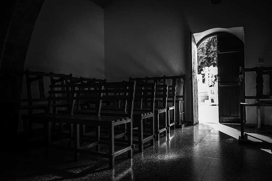 door, open, light, dark, shadows, church, interior, seats, black and white, seat