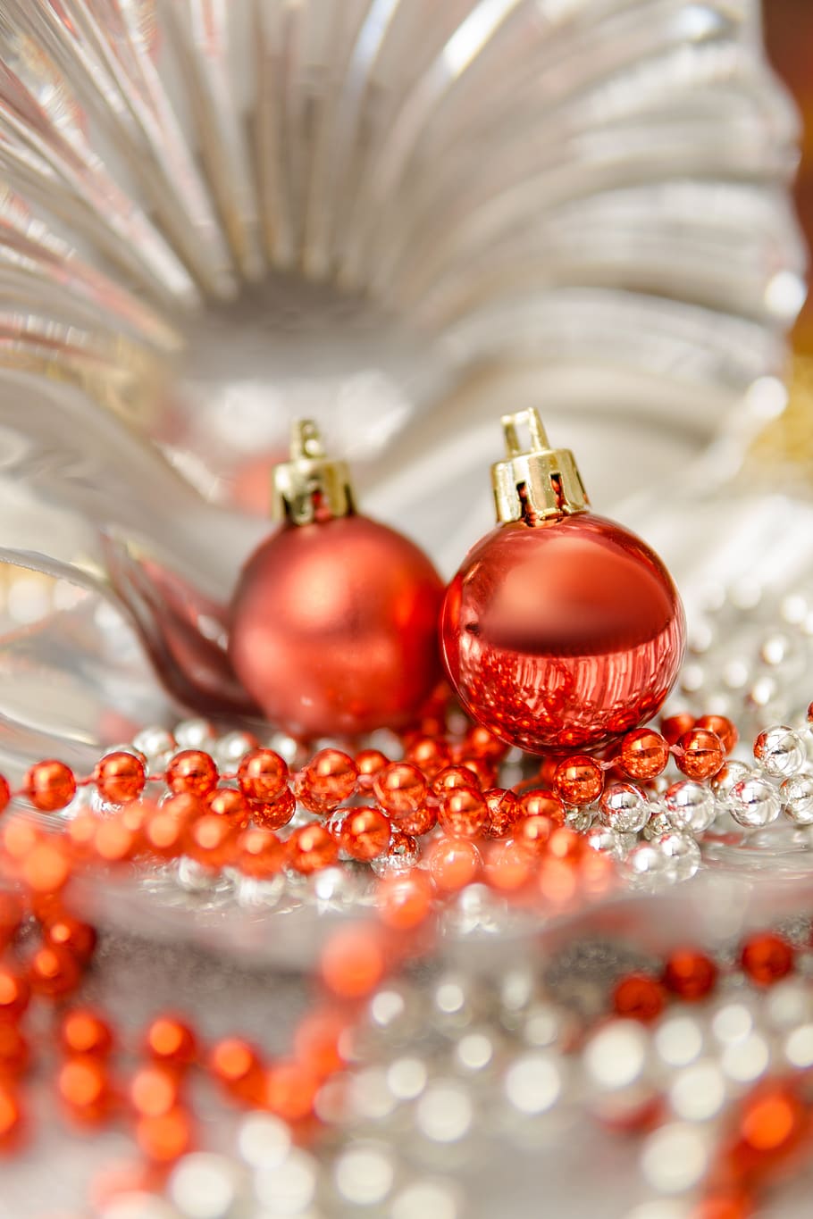 deco, navidad, bolas, rojo, cuentas, plata, oro, concha, decoración, tiempo de navidad