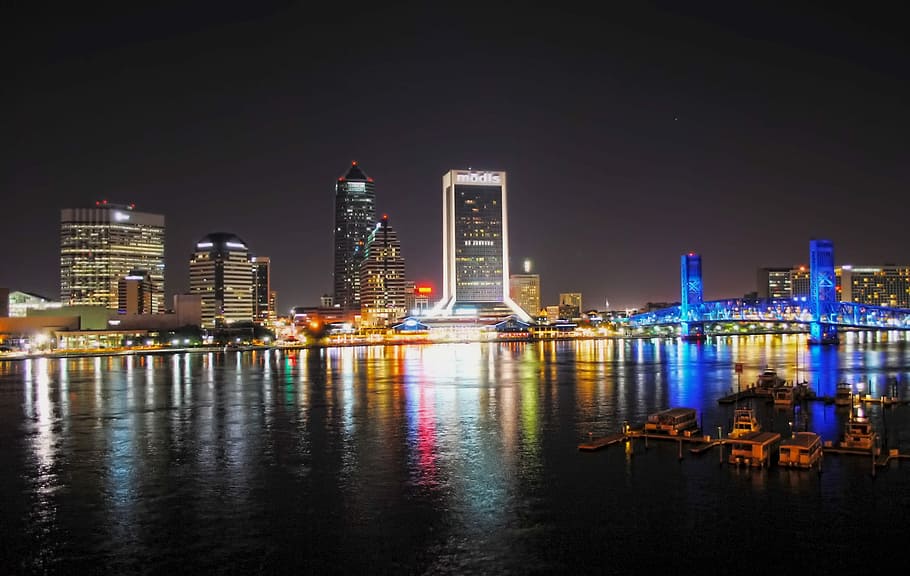 ciudad durante la noche, Jacksonville, Florida, Noche, edificios, ciudad, ciudades, urbano, bahía, puerto