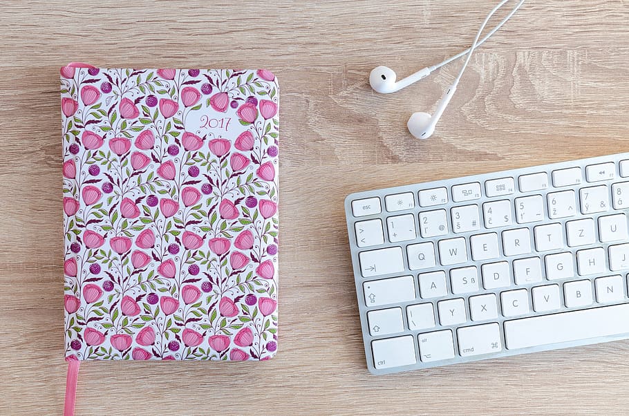 teclado inalámbrico apple, estilo de vida, oficina, escritorio, cuaderno, agenda, flores, auriculares, teclado, negocios