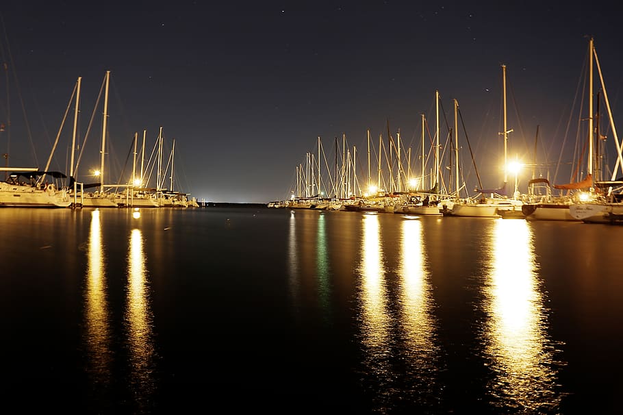 sailboats, water, pier, port, docks, lights, night, dark, reflection, transportation