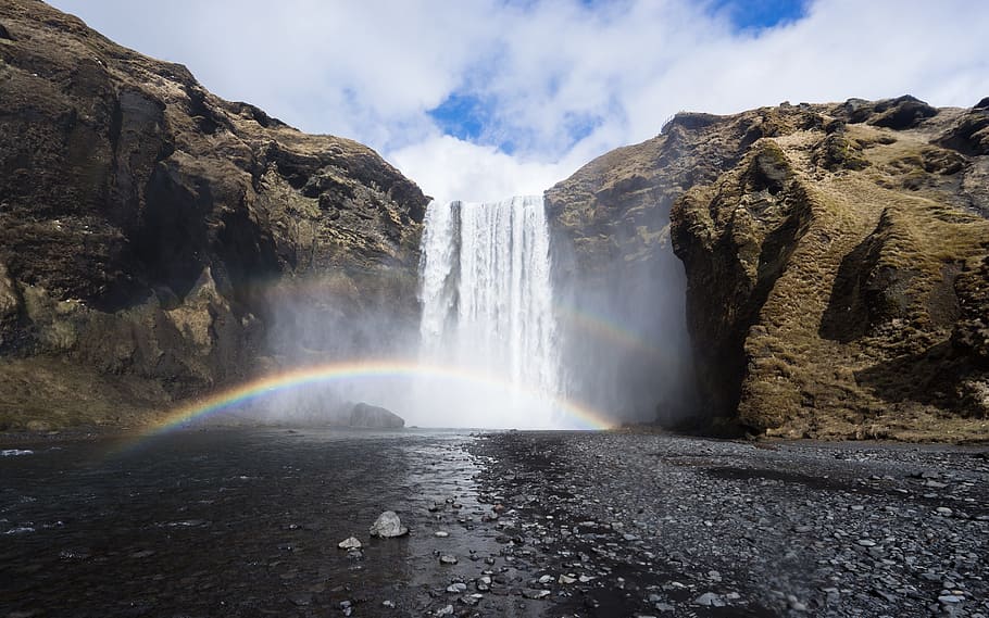 waterfalls, brown, mountain, daytime, waterfall, rainbow, river, water, cascade, spray
