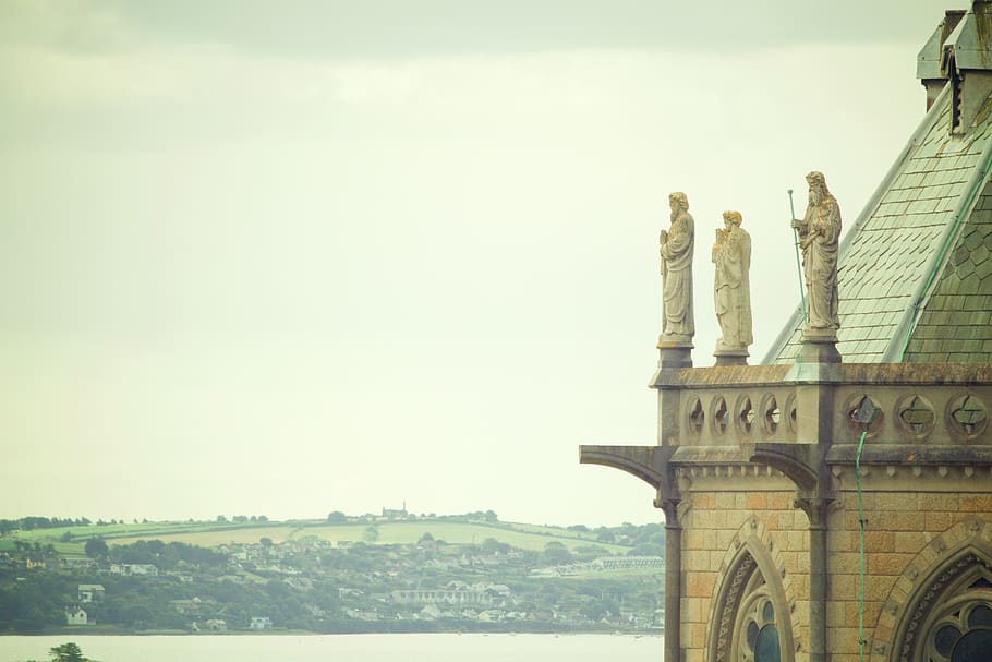 st colman's cathedral, cobh, ireland, architecture, religion, statues, sky, city, town, built structure