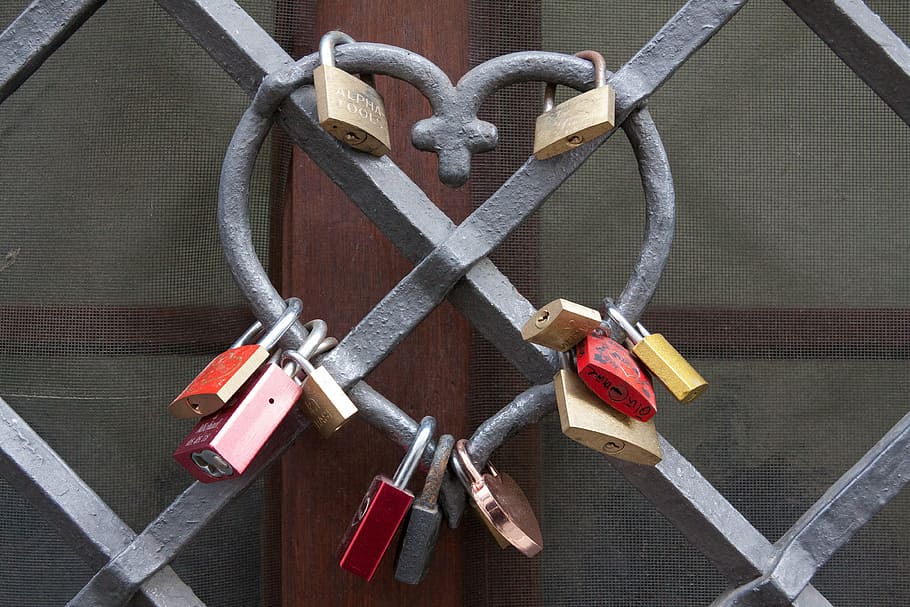 assorted, padlocks, metal grille, heart, wrought iron, old, castle, love, marriage, symbol