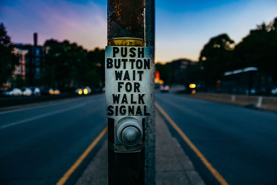 botão, poste, aço, tráfego, luz, rua, estrada, escuro, desfoque, cidade