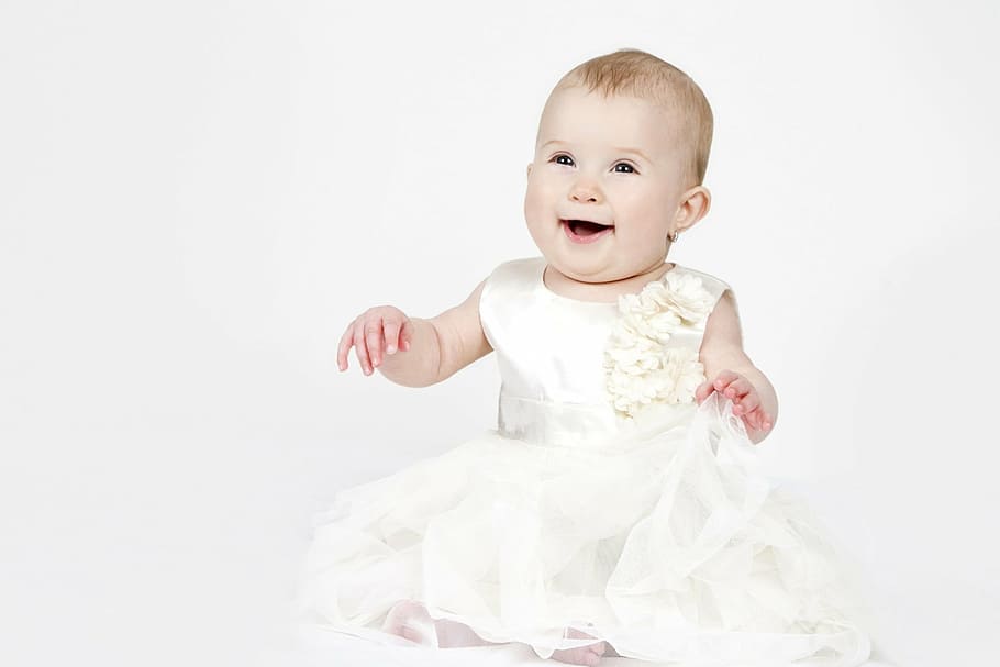 bayi, mengenakan, putih, mini dress tanpa lengan crew-neck, gadis, pengiring pengantin, sedikit, bahagia, anak, pernikahan