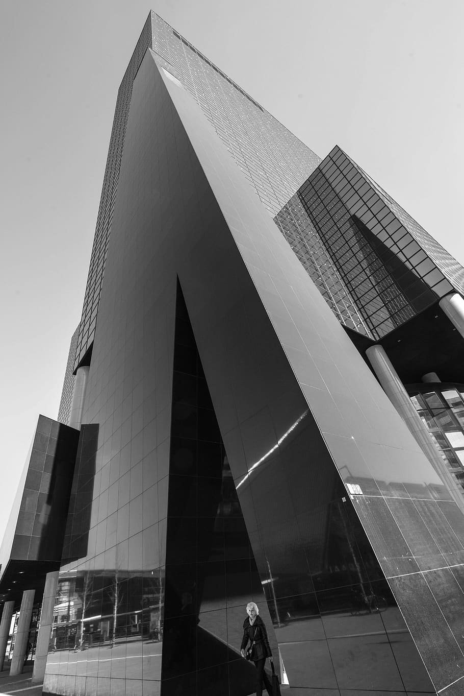 rotterdam, black and white, building, built structure, architecture, building exterior, modern, low angle view, glass - material, clear sky
