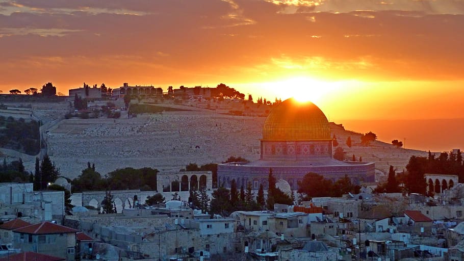 panorámica, amanecer, jerusalén, tierra santa, mezquita, el monte de los olivos, israel, palestina, mañana, este