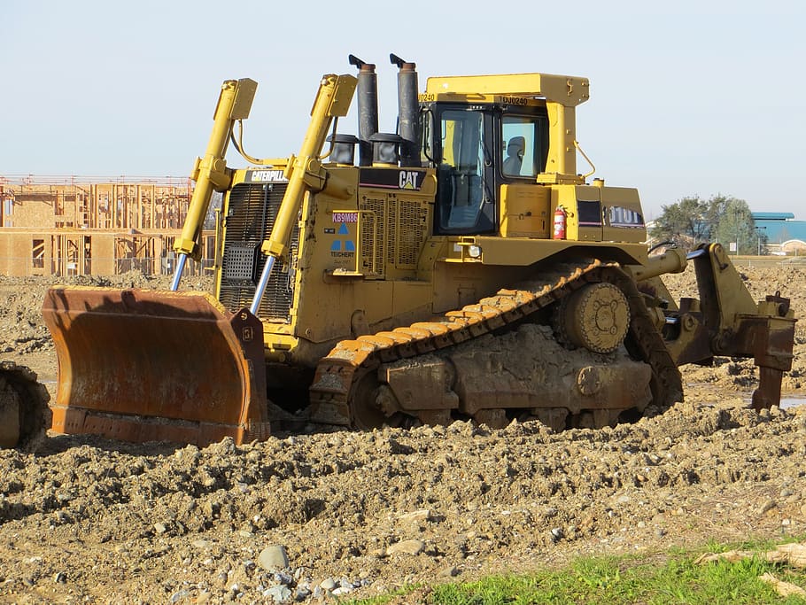 yellow, bulldozer, tree, tractor, machinery, equipment, vehicle, excavation, construction, digging