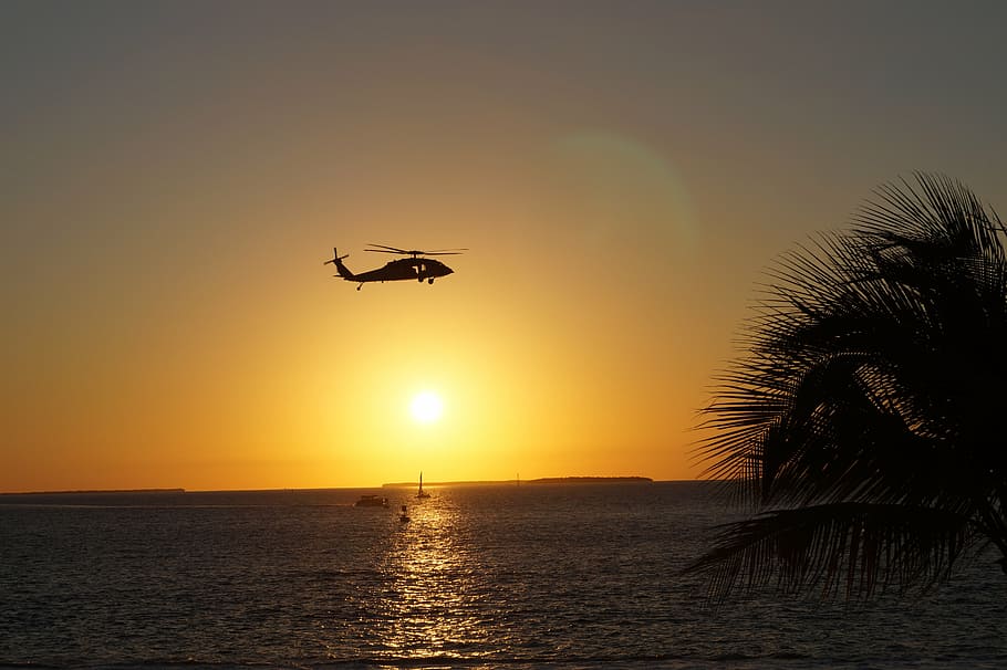 helicóptero, puesta de sol, key west, mar, cielo, vuelo, silueta, anochecer, volador, vehículo aéreo