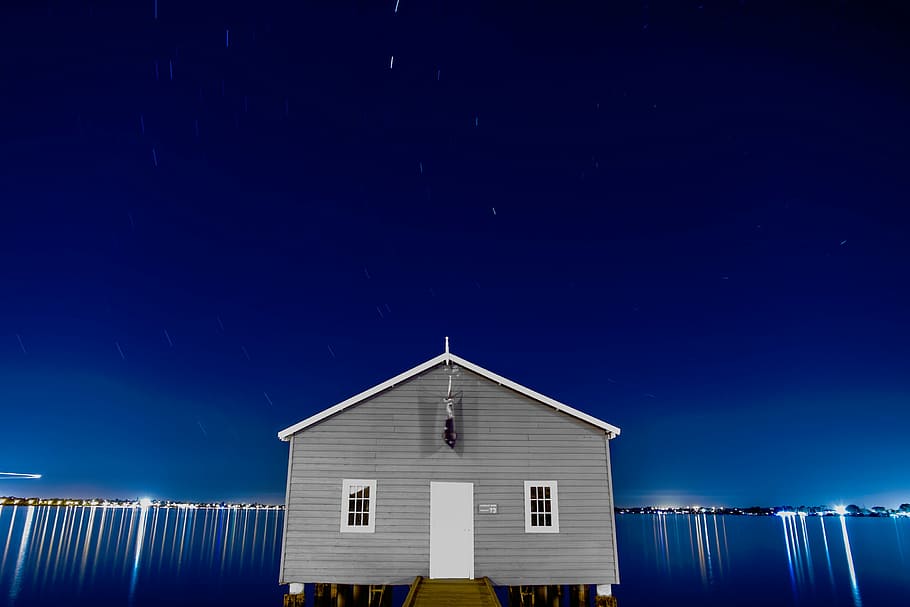 grey, white, wooden, house, home, water, lights, blue, night, sky