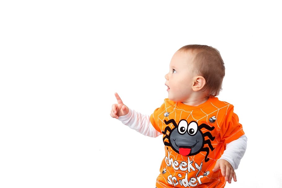 toddler pointing up, baby, orange, black, black, and white, Cheeky, Spider, print, long, sleeve, shirt