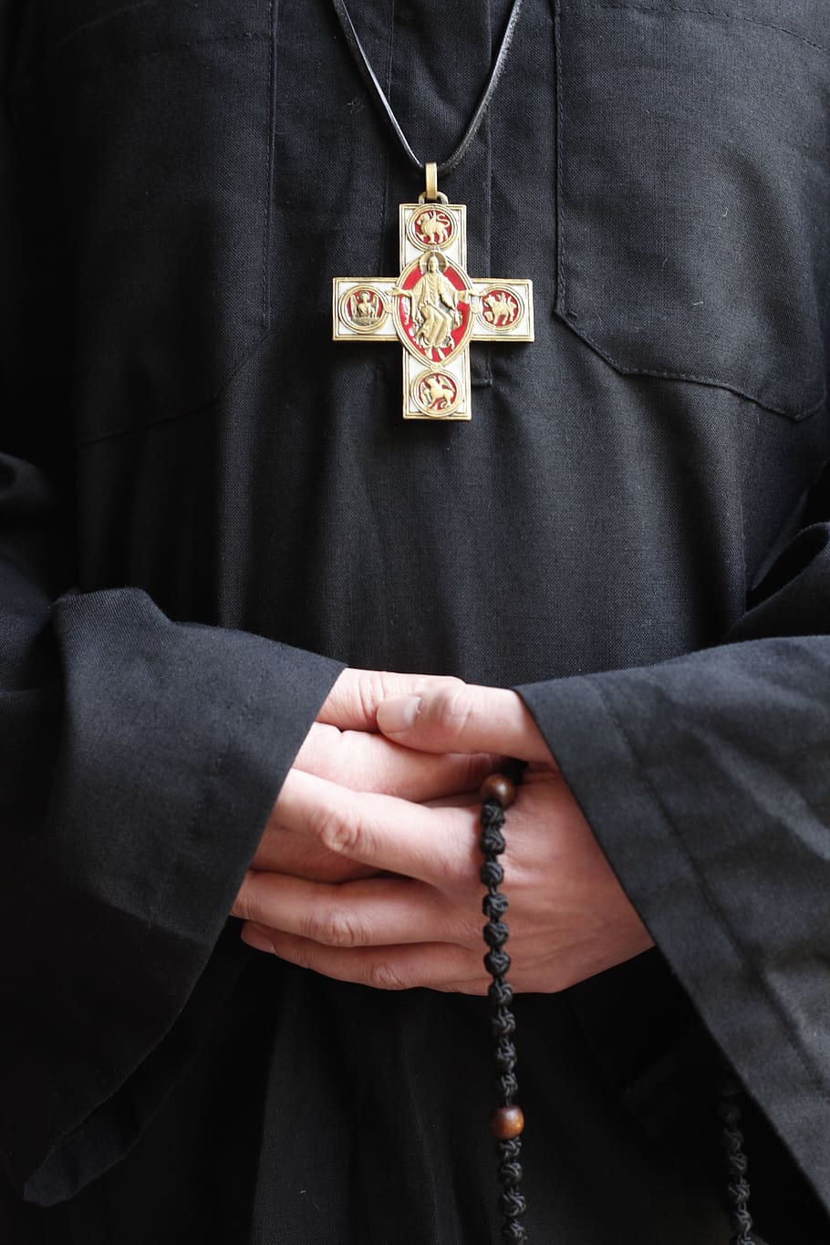 person, holding, black, brown, rosary, monk, church, christianity, cross, beads