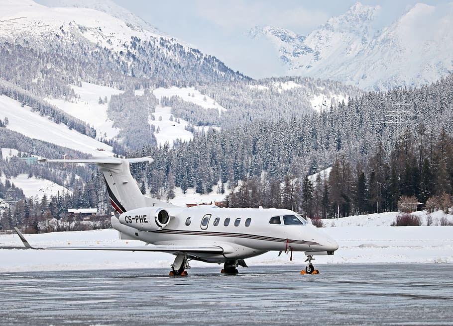white cs-phe jet, aircraft, travel, holiday, flight, st moritz, frost, cold, winter, landscape