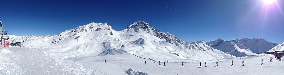 ski, sun, snow, winter, landscape, sky, mountain, cold, holiday, snowy