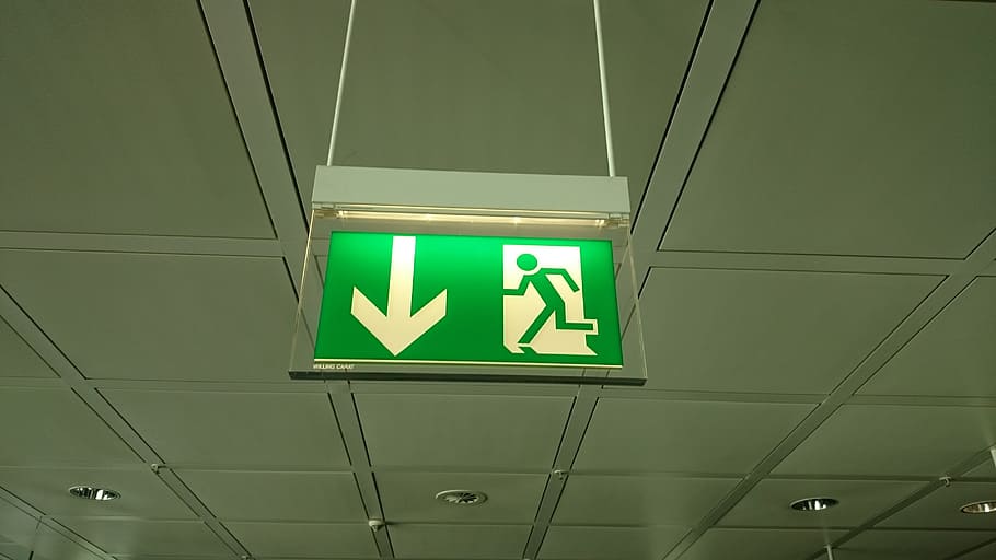 airport, emergency exit, shield, blanket, note, output, way out, escape route, board, green