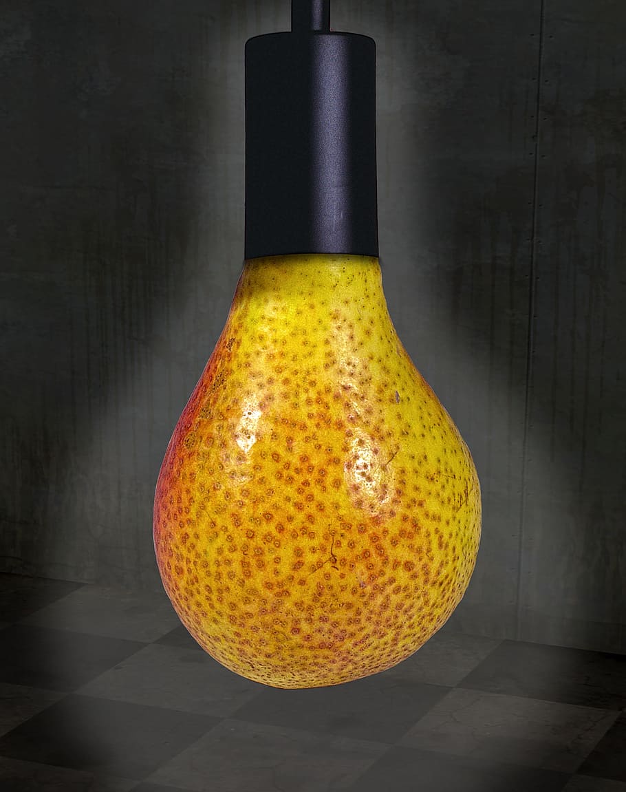 pear, lamp holder, surreal, williams christ, light bulb, staging, design, image editing, image design, photo manipulation