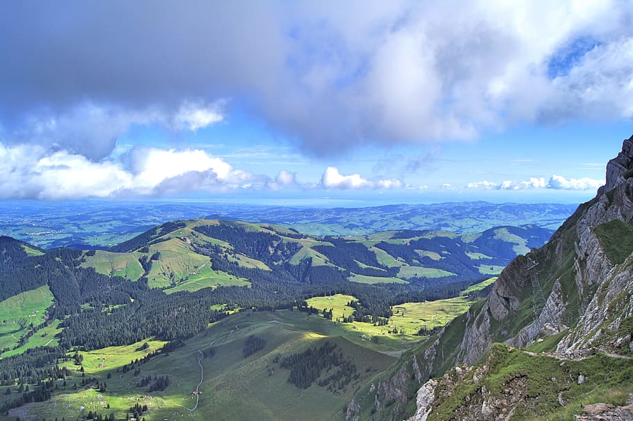 Montaña, vista, lago, lago de Constanza, Alpstein, colinas, nubes, senderismo, clima, naturaleza