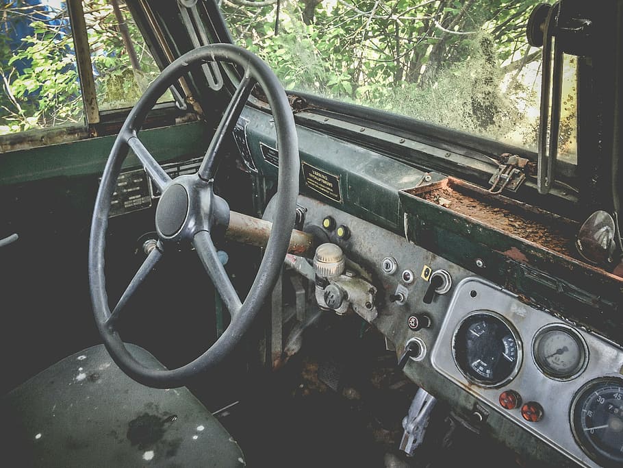 black steering wheel, black, green, car, near, trees, daytime, truck, dashboard, steering wheel