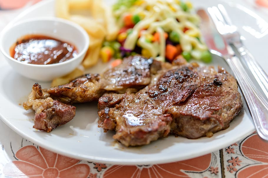 panggang, daging sapi, piring, steak, daging, makanan, makan malam, fillet, makan, gourmet