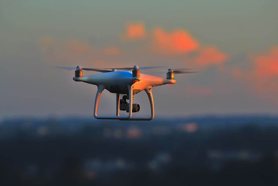drones, evening light, sunset, dji, quad copter, flying, air vehicle, motion, mid-air, mode of transportation