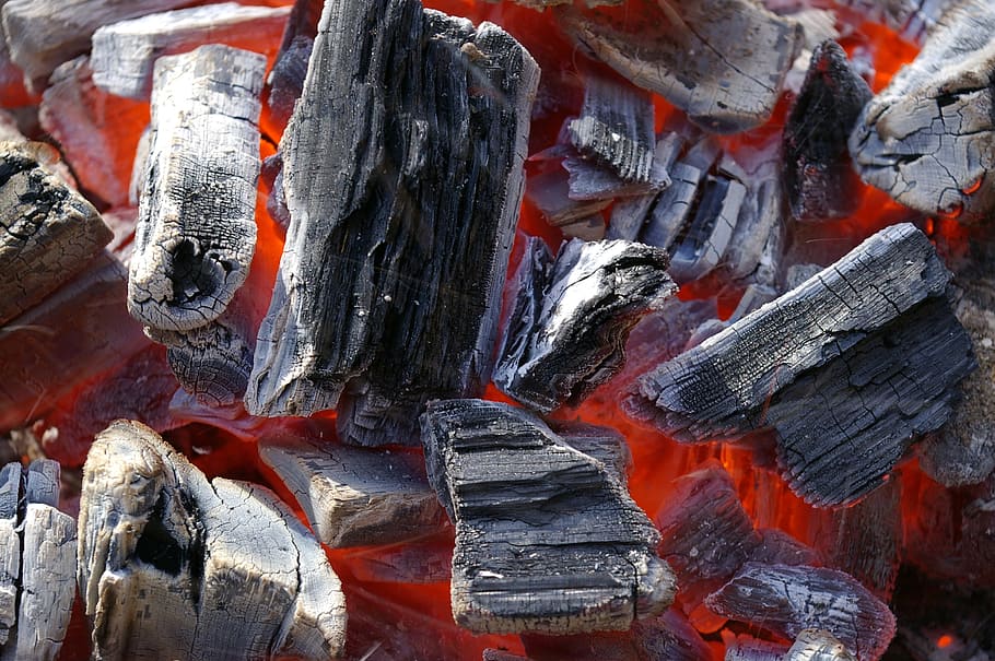 close-up photo, burned, wood, barbecue, charcoal, grill, smoke, carbon, flame, embers