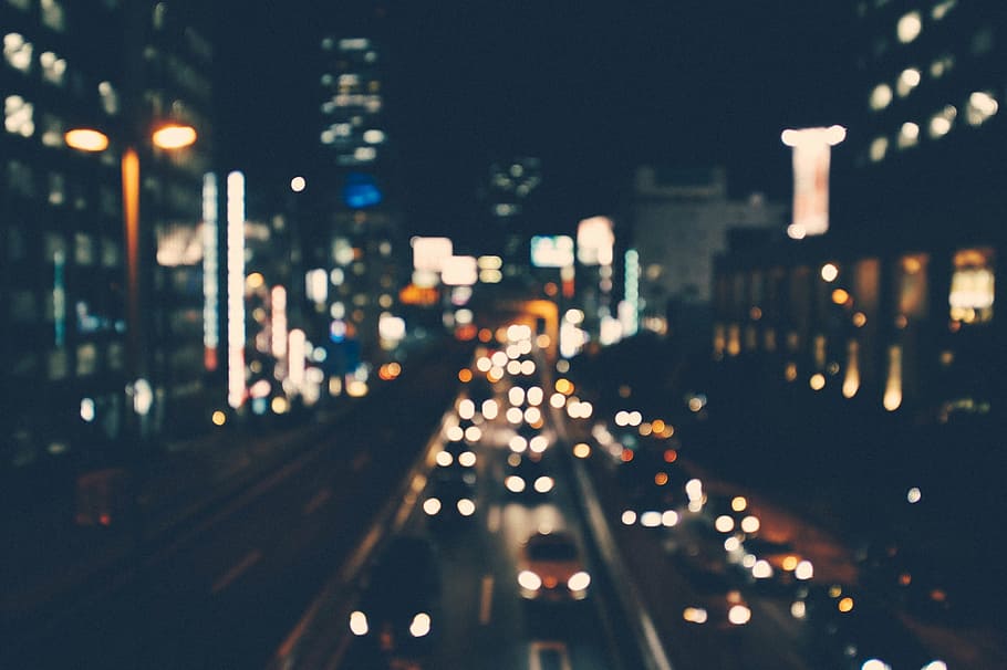 veículos, estrada, noite, cidade, Visão, embaçado, luzes, carros, tráfego, estradas